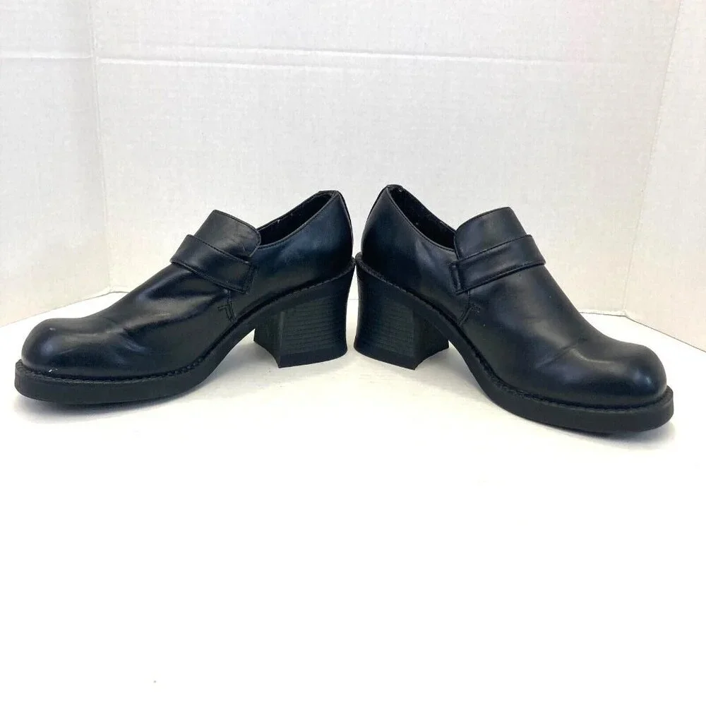 Vintage Chunky Heels Buckle Shoes Loafers Womens 9.5 Goth Punk Grunge Black‎ - Picture 12 of 16